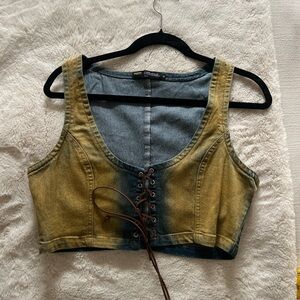 Denim Lace-Up Crop Top - Blue and Yellow(ish)